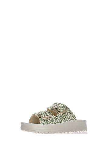 Sandalo scalzato in tessuto beige e verde doppia fascia regolabile - 5