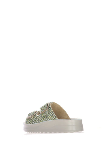 Sandalo scalzato in tessuto beige e verde doppia fascia regolabile - 7