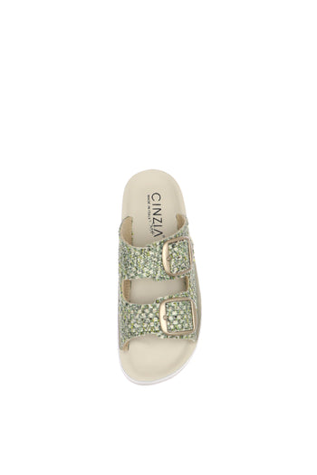 Sandalo scalzato in tessuto beige e verde doppia fascia regolabile - 9