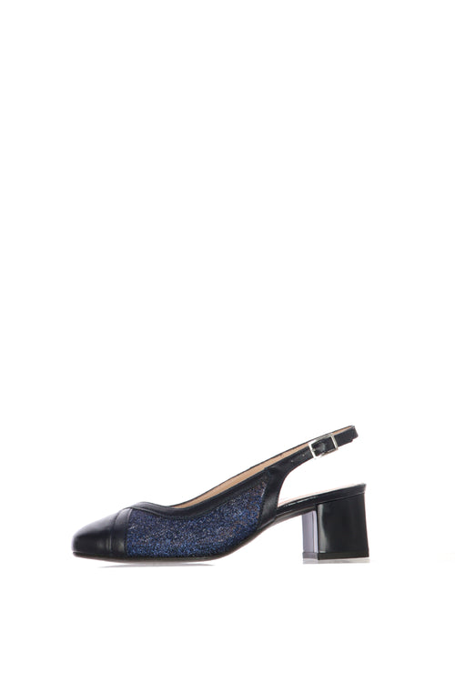 Slingback in pelle e rete con glitter blu e phard tacco basso - 2