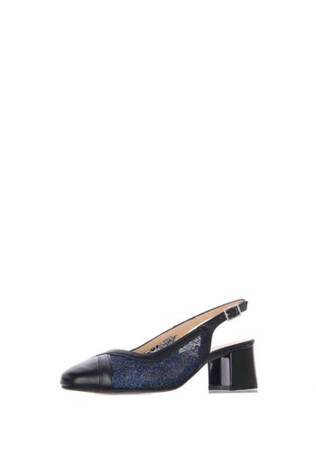 Slingback in pelle e rete con glitter blu e phard tacco basso - 4