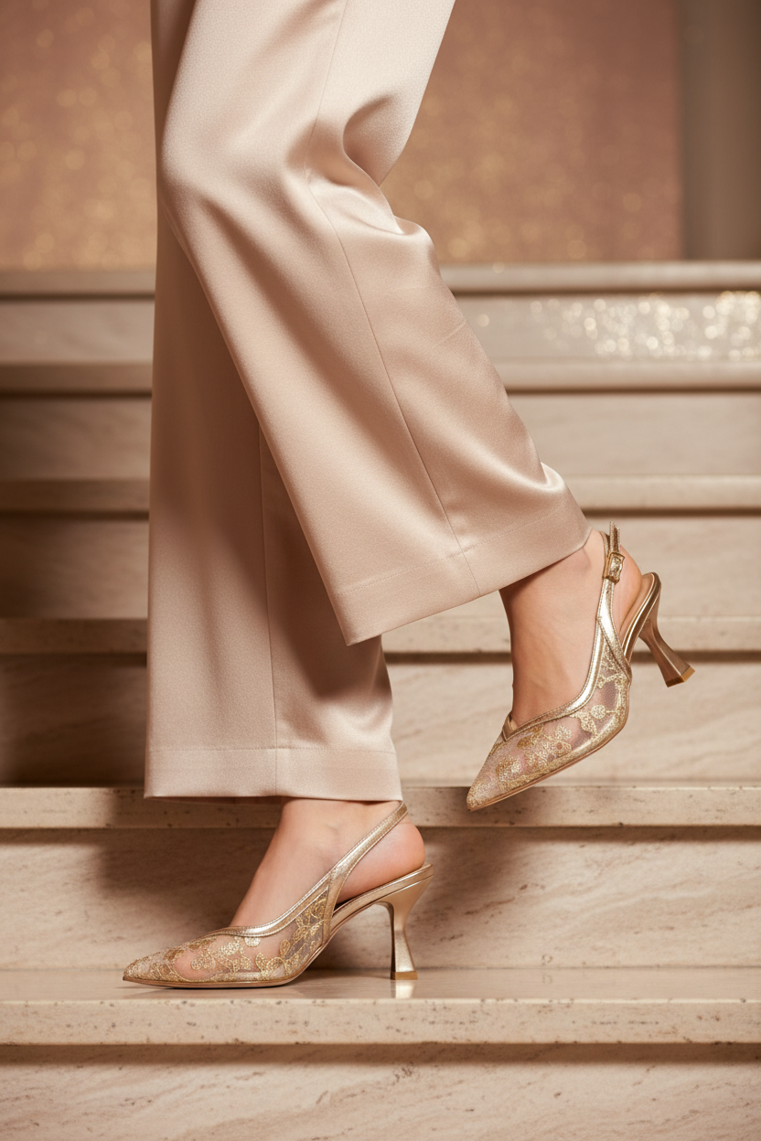 Slingback in tessuto argento e cipria con tacco sottile 2