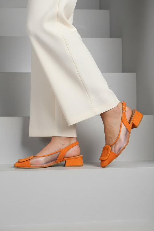 Slingback nero e arancione in rete tacco basso - 2