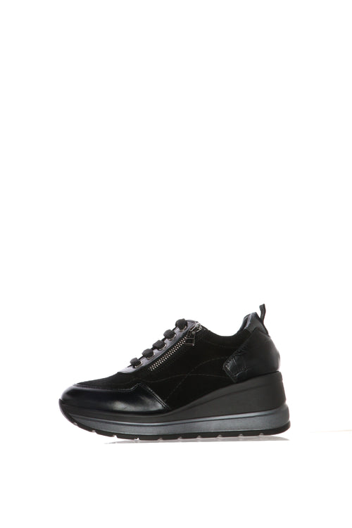 Sneaker in pelle e camoscio nera con lacci e zip laterale - 1
