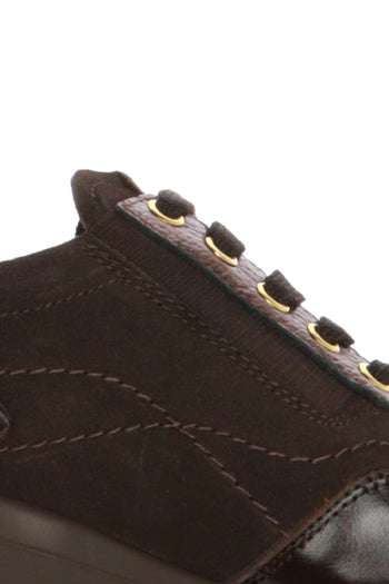 Sneaker in pelle e camoscio nera e marrone  con lacci e zip laterale - 15