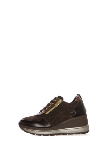 Sneaker in pelle e camoscio nera e marrone  con lacci e zip laterale - 3