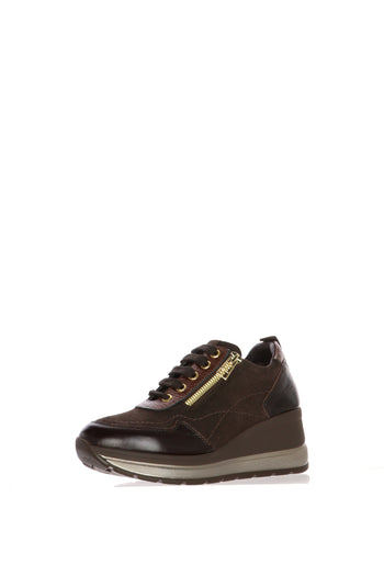 Sneaker in pelle e camoscio nera e marrone  con lacci e zip laterale - 5