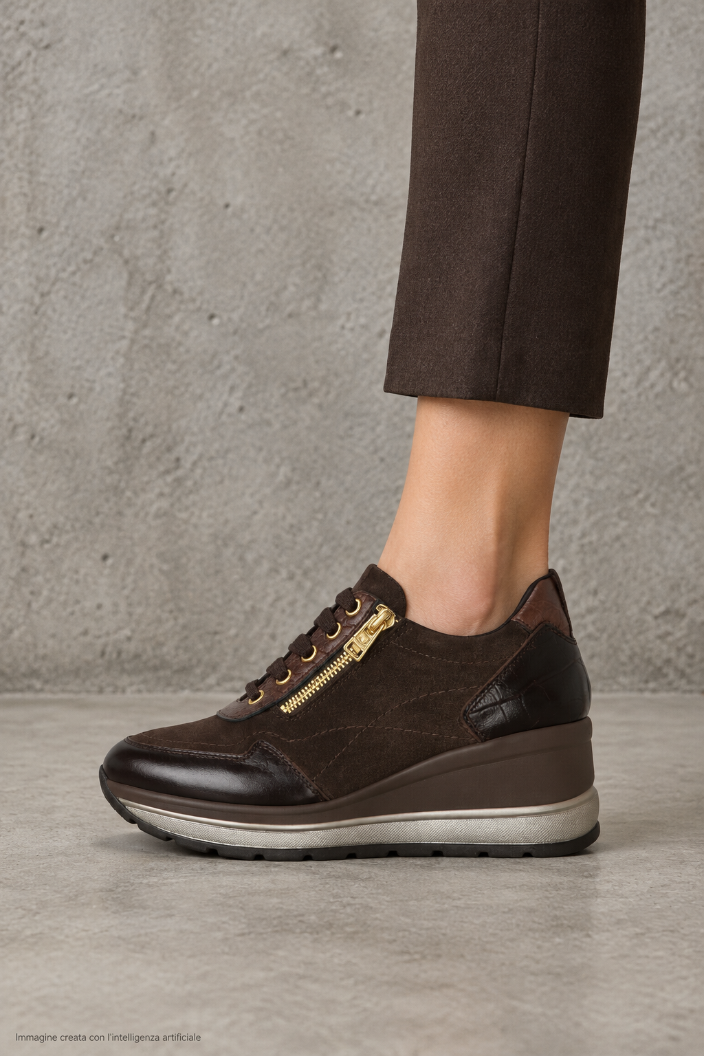 Sneaker in pelle e camoscio nera e marrone  con lacci e zip laterale