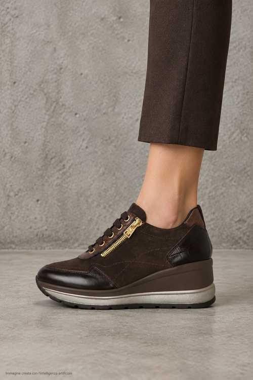 Sneaker in pelle e camoscio nera e marrone  con lacci e zip laterale - 2