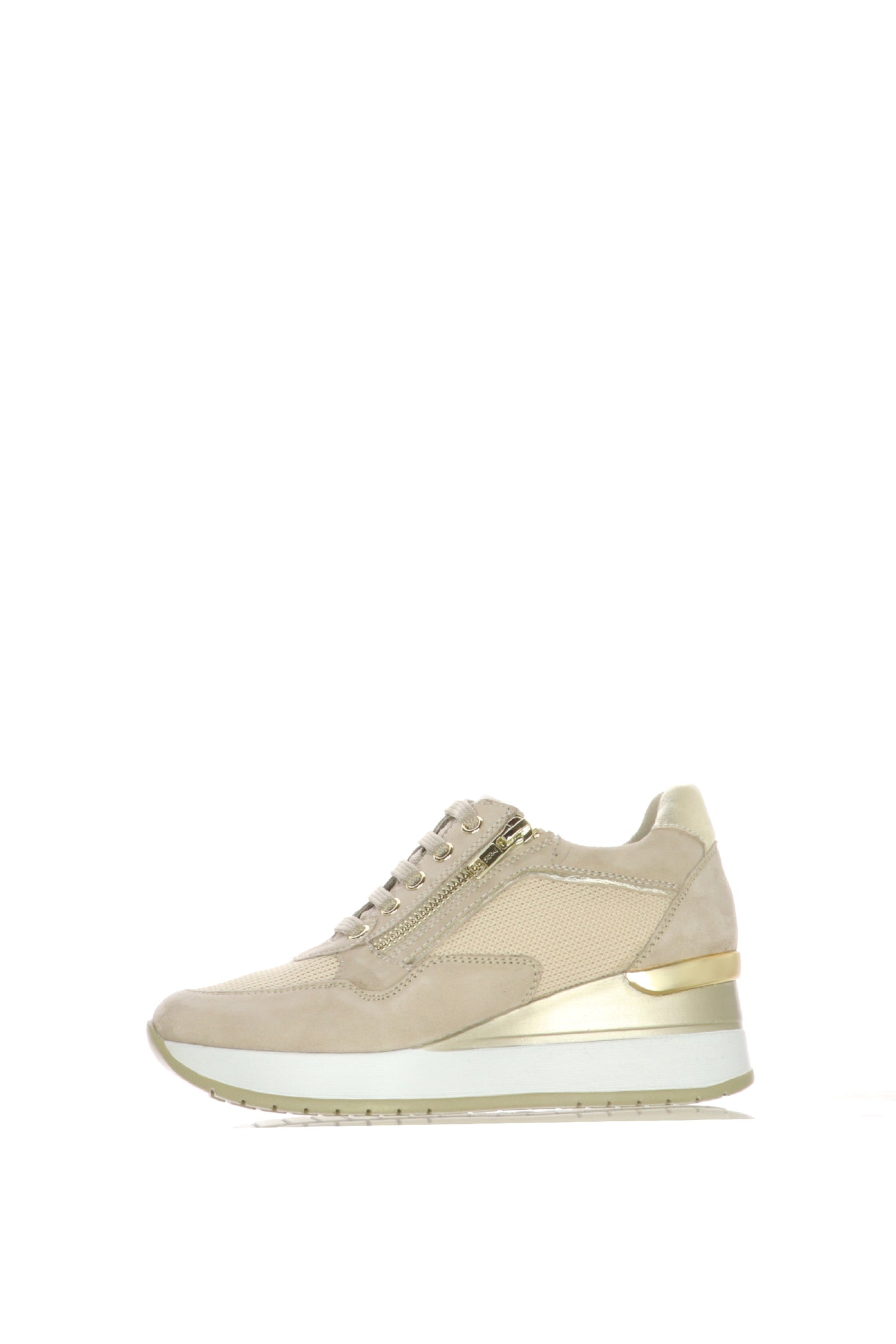 Sneakers in camoscio e tessuto beige con lacci e cerniera