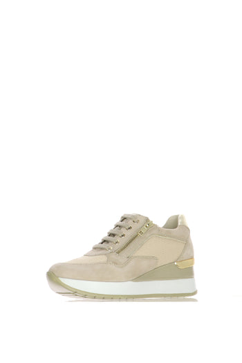 Sneakers in camoscio e tessuto beige con lacci e cerniera - 3