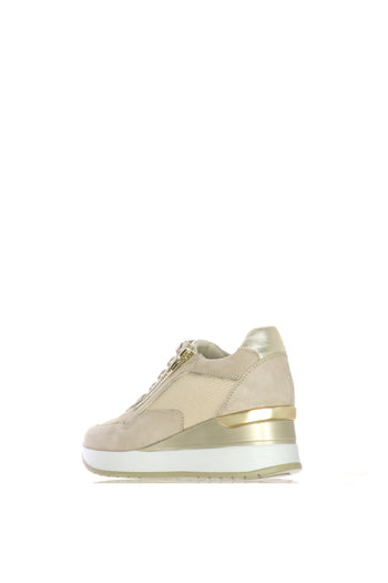 Sneakers in camoscio e tessuto beige con lacci e cerniera - 4