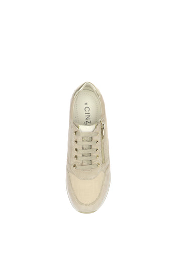Sneakers in camoscio e tessuto beige con lacci e cerniera - 5