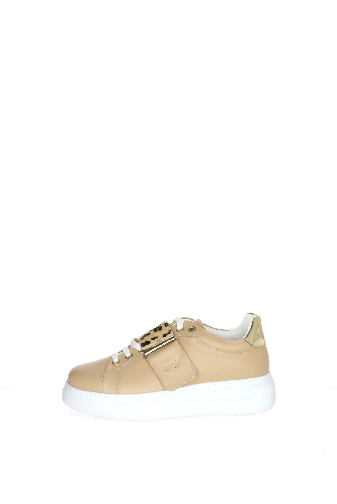 Sneakers beige in pelle con fascia cavallino