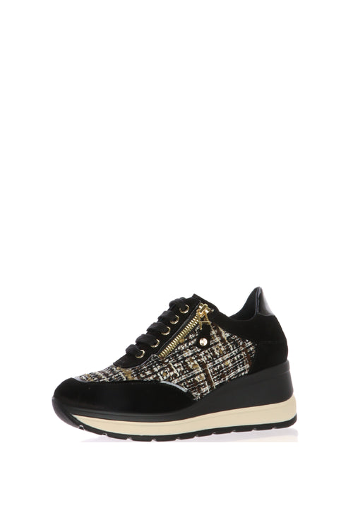 Sneakers nera in camoscio e tessuto con lacci e cerniera zeppa media Melluso - 2