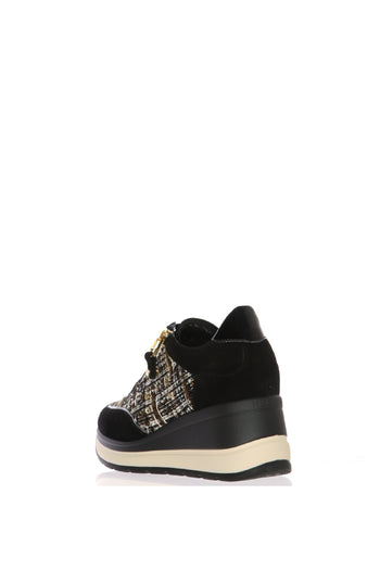 Sneakers nera in camoscio e tessuto con lacci e cerniera zeppa media Melluso - 6
