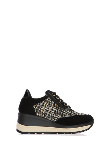 Sneakers nera in camoscio e tessuto con lacci e cerniera zeppa media Melluso - 3