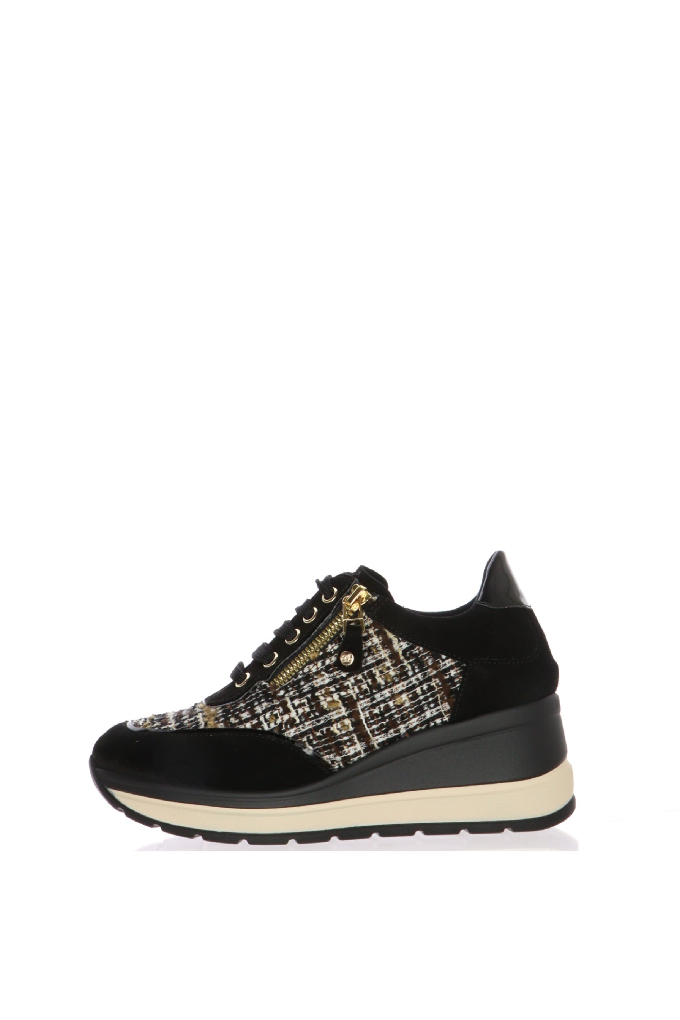Sneakers nera in camoscio e tessuto con lacci e cerniera zeppa media Melluso
