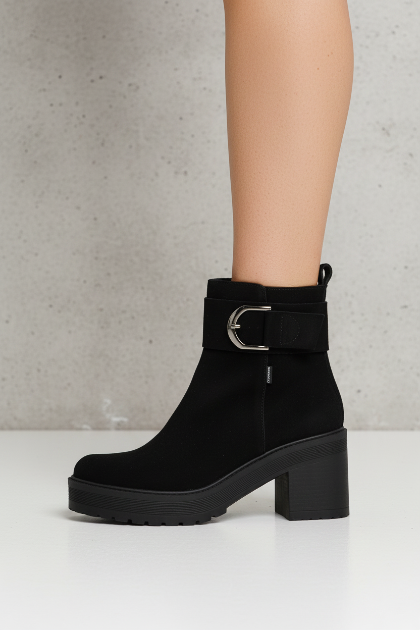 Stivaletto in camoscio nero con tacco largo Fluchos 2