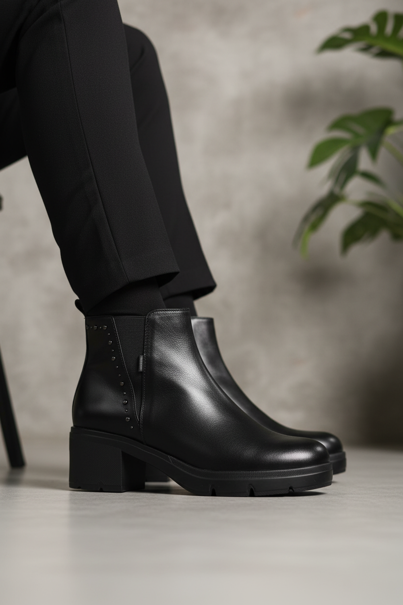 Stivaletto in pelle nera con borchioette tacco basso Fluchos 2