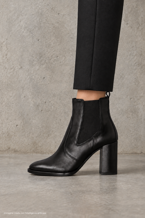 Stivaletto in pelle nero con tacco alto e largo elastico e cerniera - 2