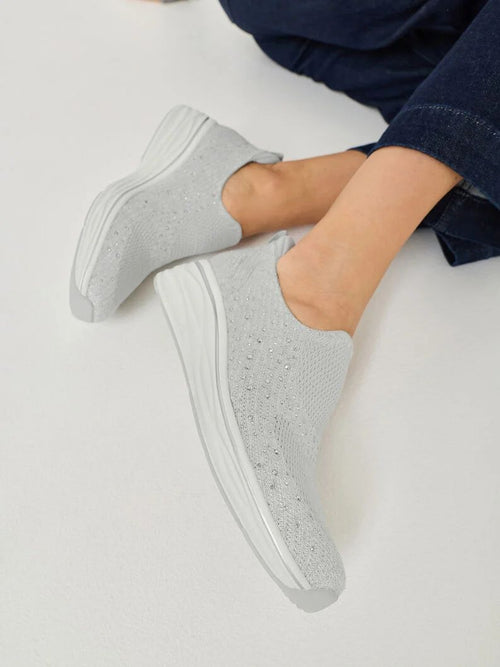 Slip on nero e bianco in tessuto elastico con strass a colore - 2