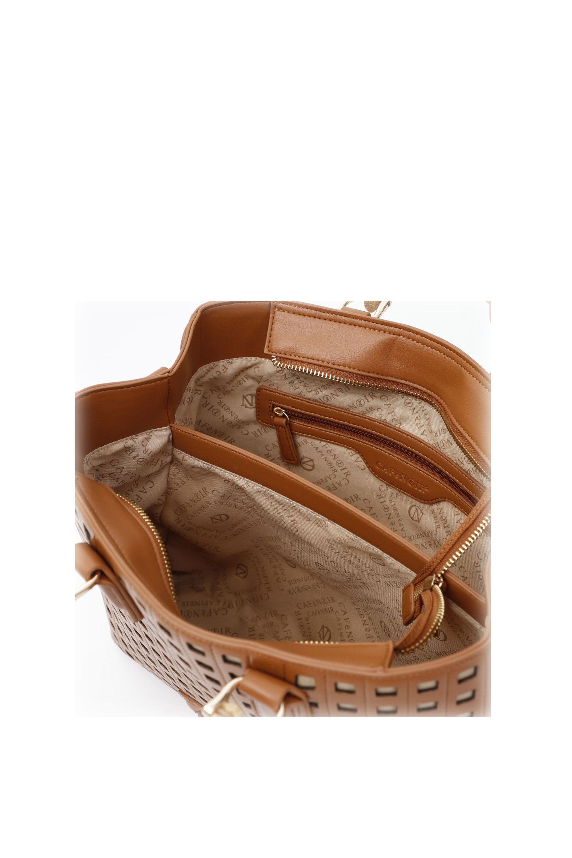 Tote con traforatura e manico bamboo cuoio Cafènoir