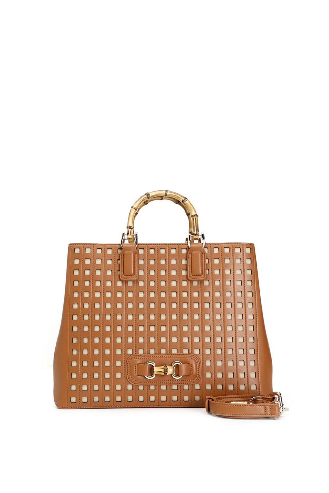 Tote con traforatura e manico bamboo cuoio Cafènoir