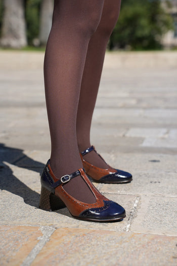 Decolletè francesina cuoio e blu con tacco Fluchos - 3