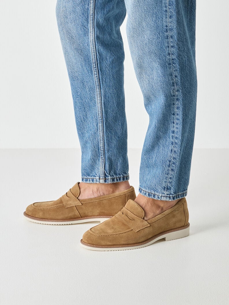 Mocassino in camoscio beige e blu 2